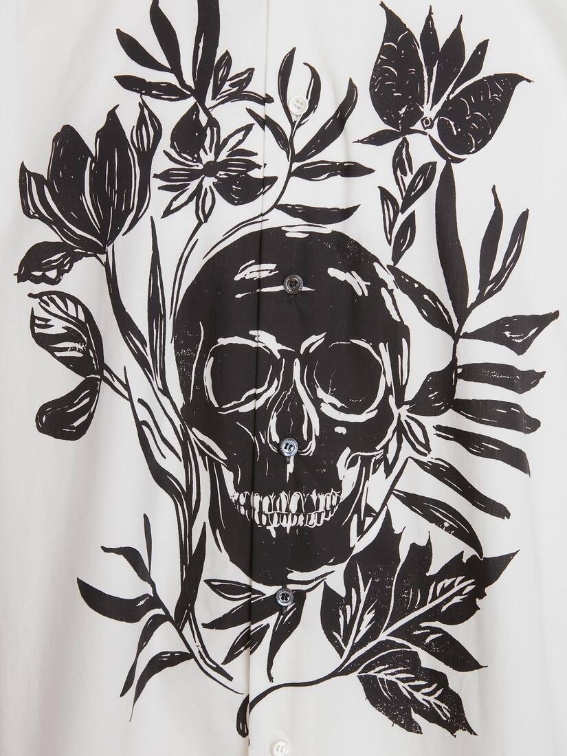 Skull Leaf Print Dropped Shoulder Poplin Shirt in White/black - 5