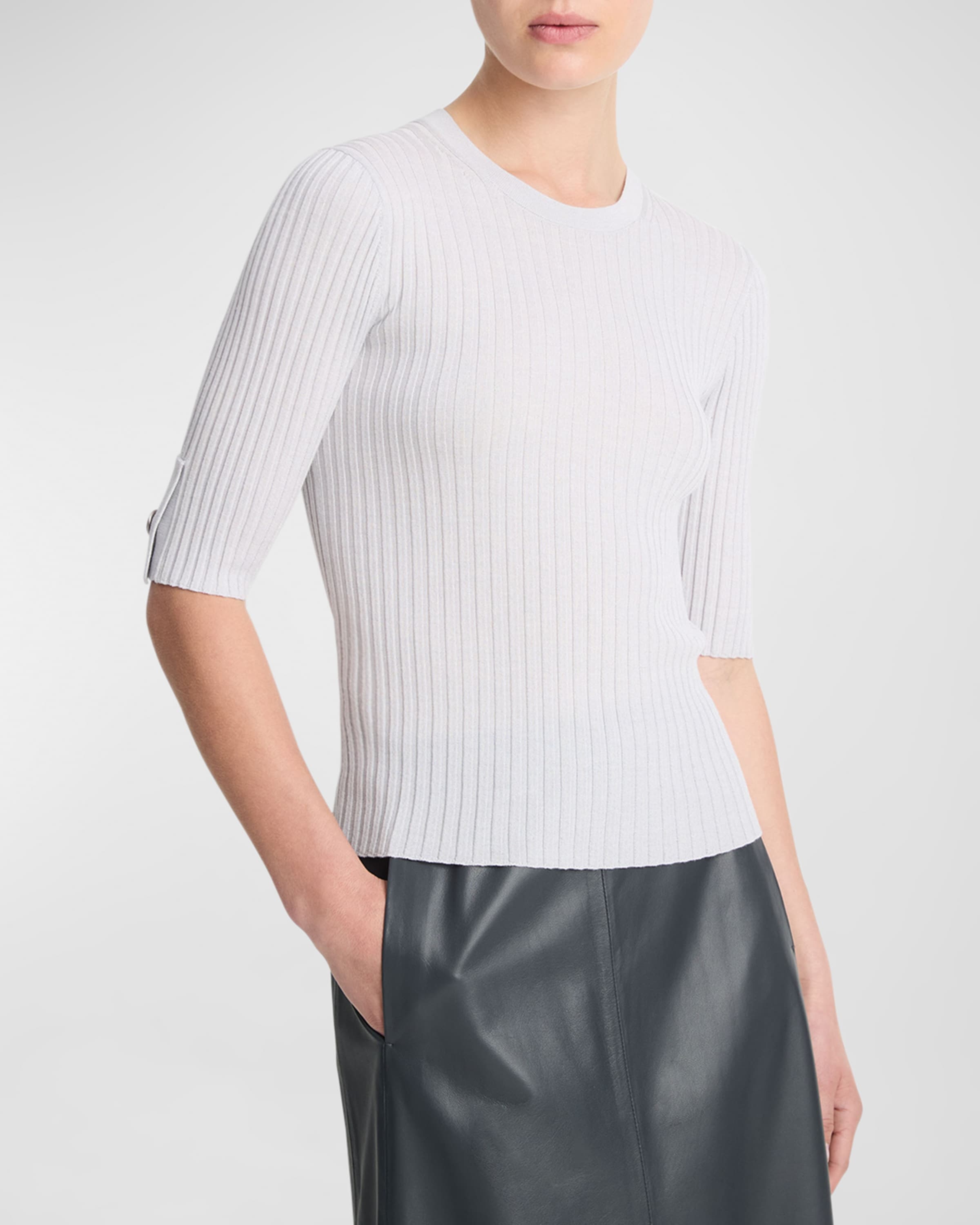 Wool and Silk Elbow-Sleeve Crewneck Top - 1