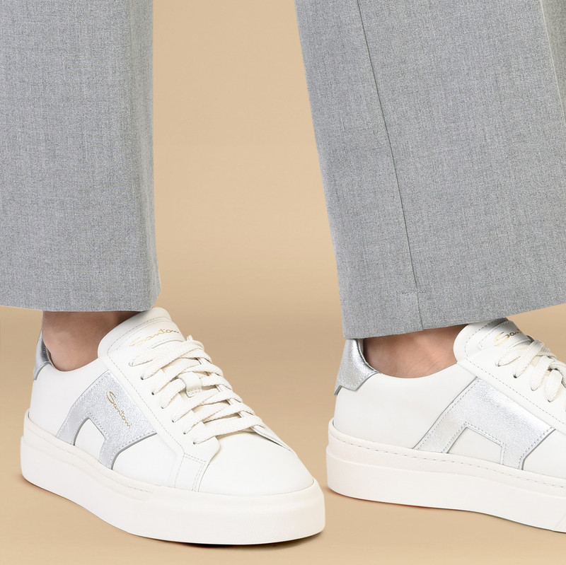 Santoni Women’s white and silver leather double buckle sneaker outlook