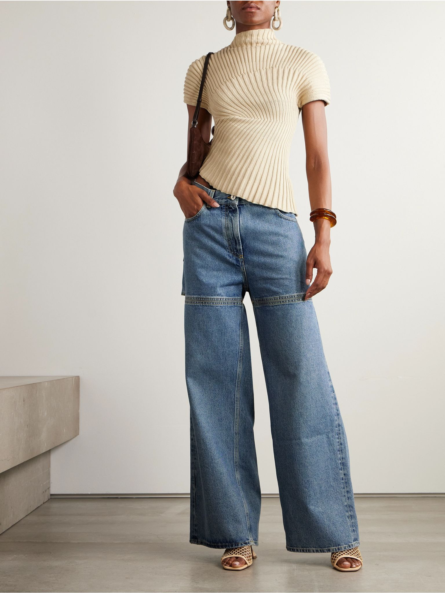 Annemie asymmetric ribbed cotton top Beige - 2