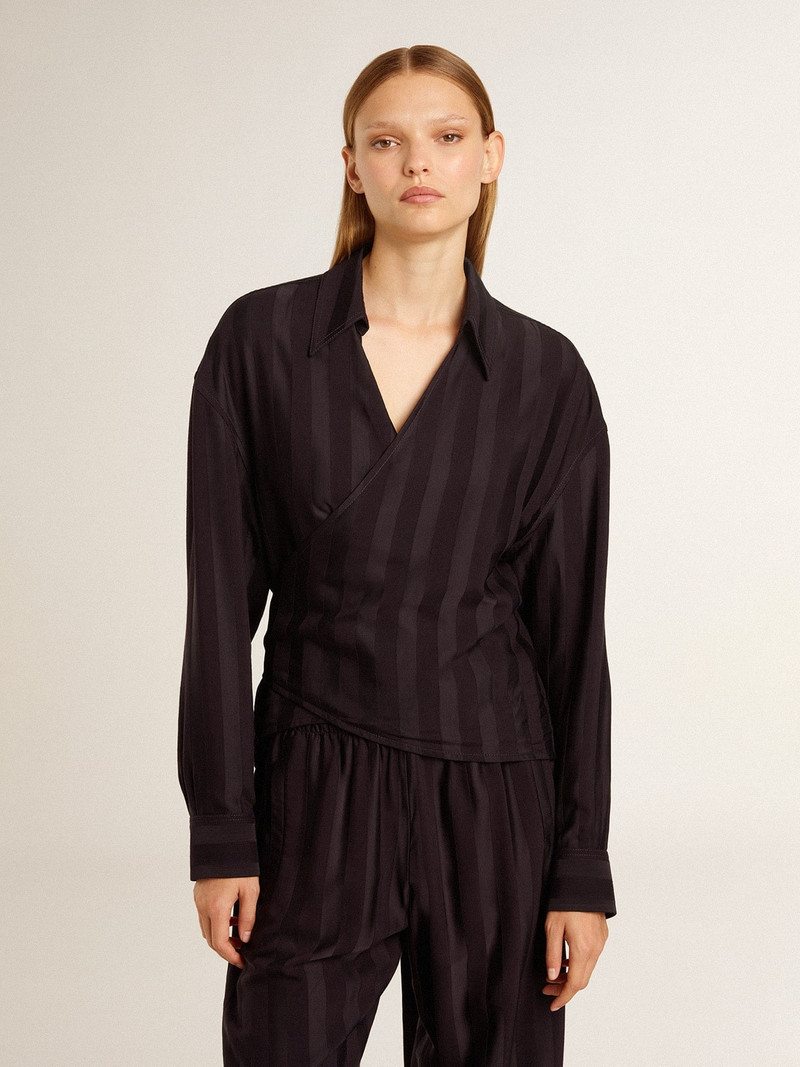 Golden Goose Women's black shirt with vertical stripes and side knot closure outlook