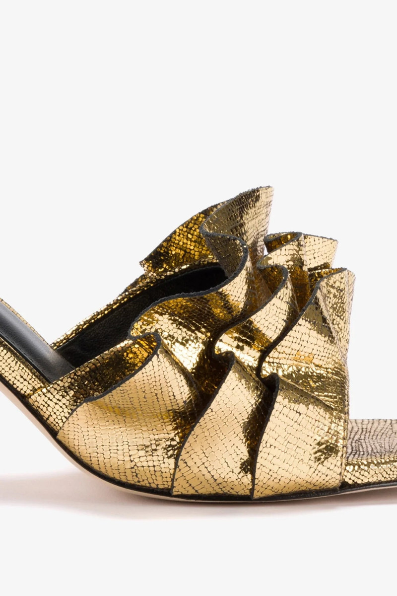 Selena Ruffle Sandal In Gold Cracked Metallic Leather 4