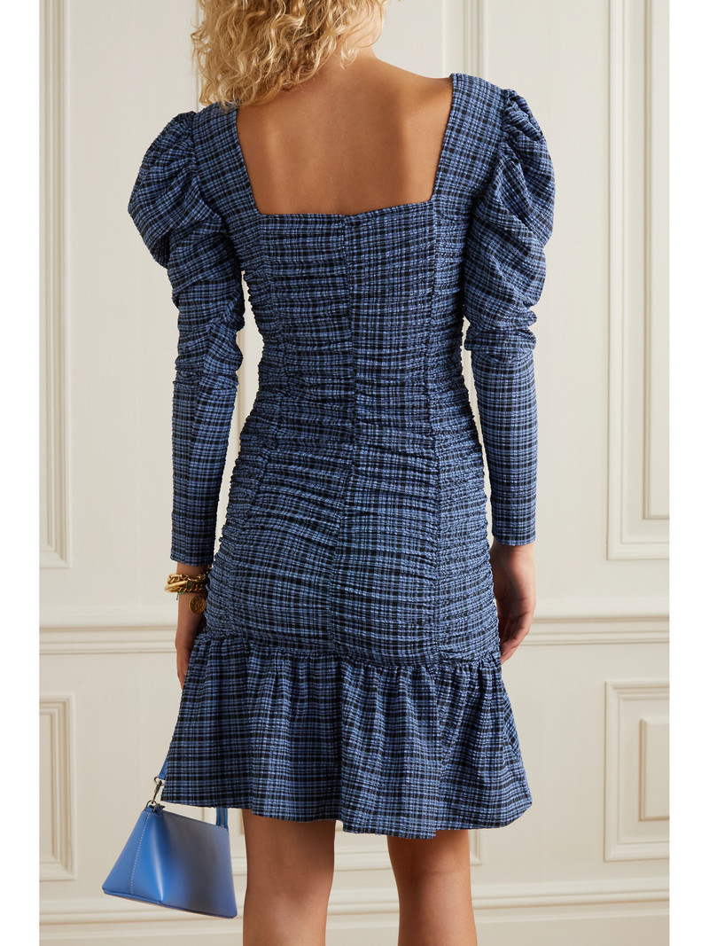 Ruched Checked Stretch Recycled-seersucker Mini Dress 3