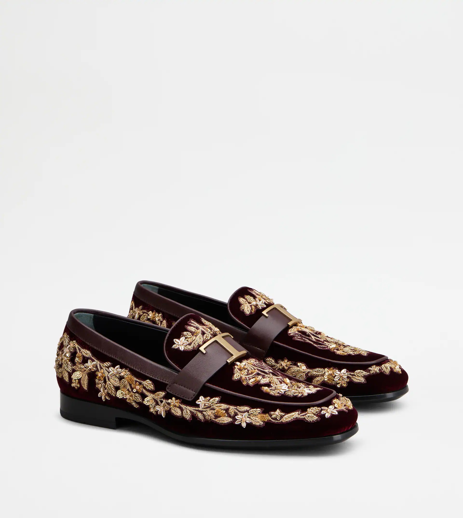 T TIMELESS LOAFERS IN VELVET AND LEATHER - BURGUNDY, GOLD - 3