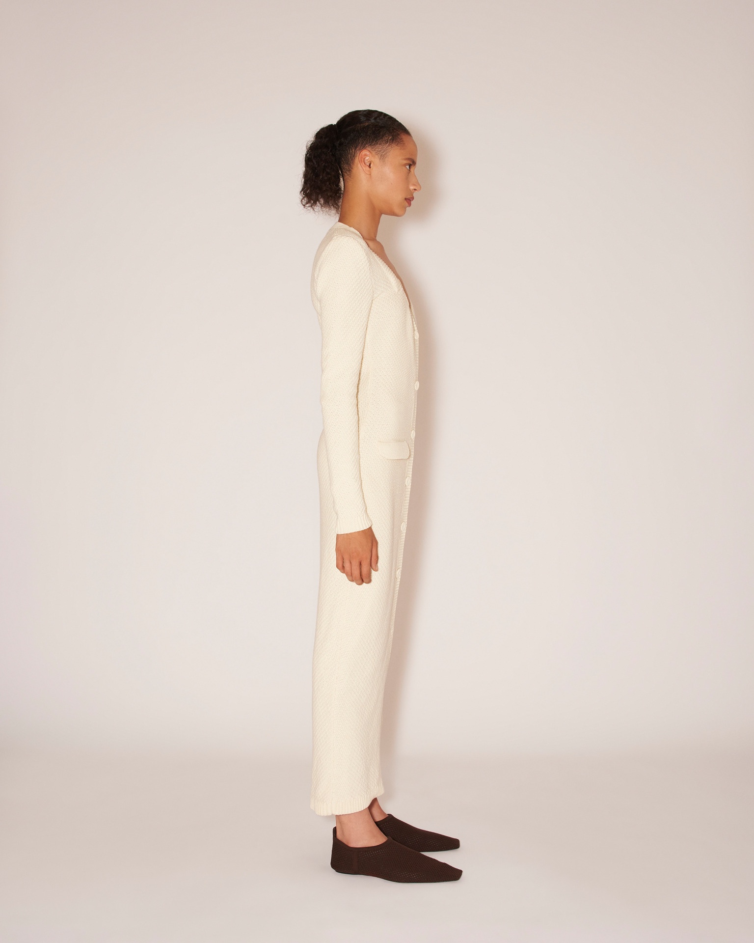 DANA - Cotton-tweed textured sweetheart neck dress - Creme - 4