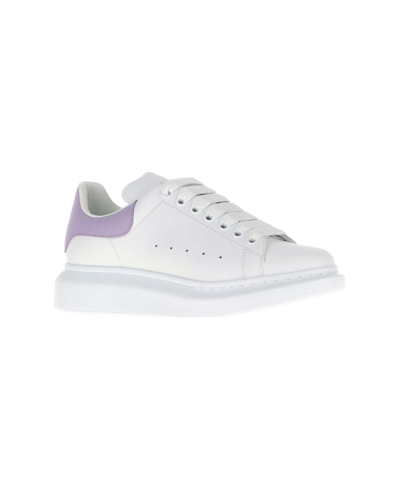 White Leather Sneakers With Lilac Leather Heel - 2