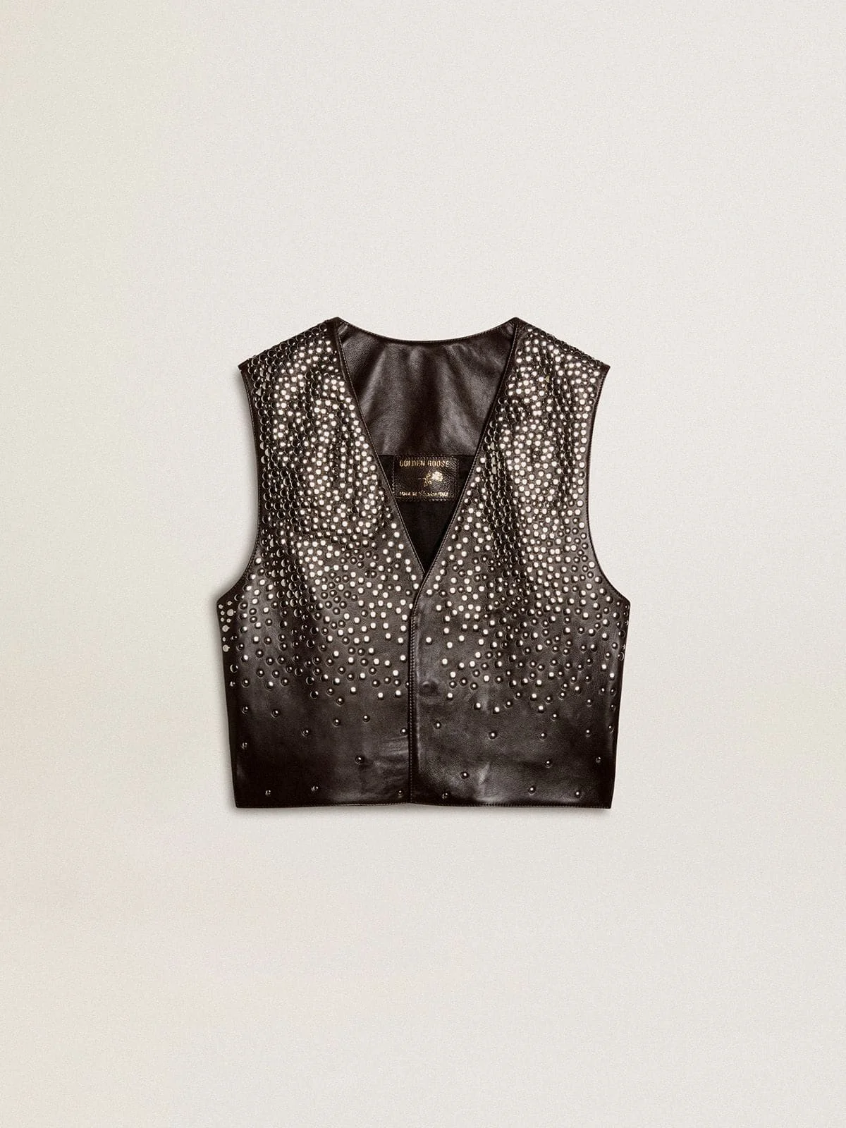 Women's black leather waistcoat with gradient-effect studs - 1