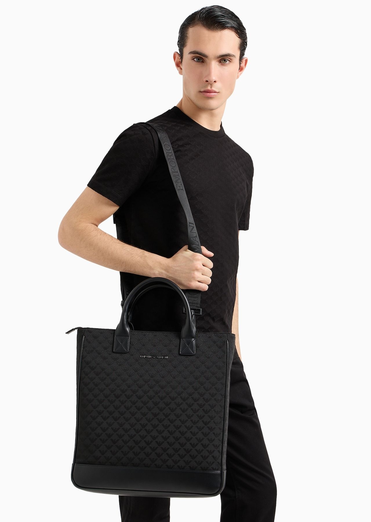 Nylon tote bag with all-over jacquard eagle - 7