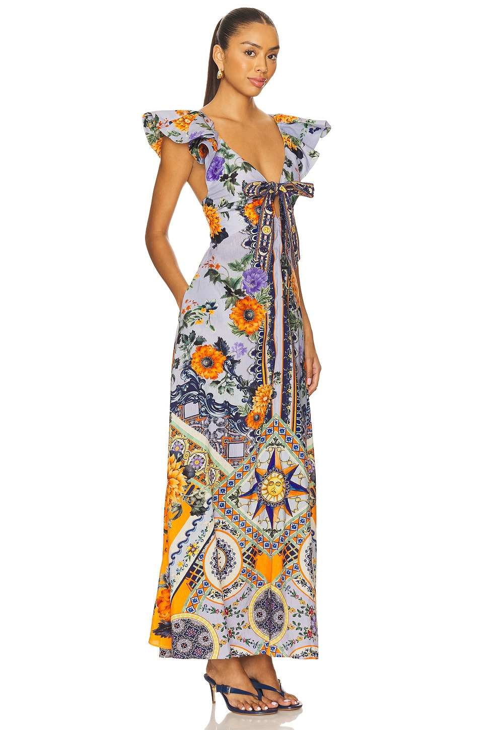 Tie Front Frill Sleeve Long Dress - 1