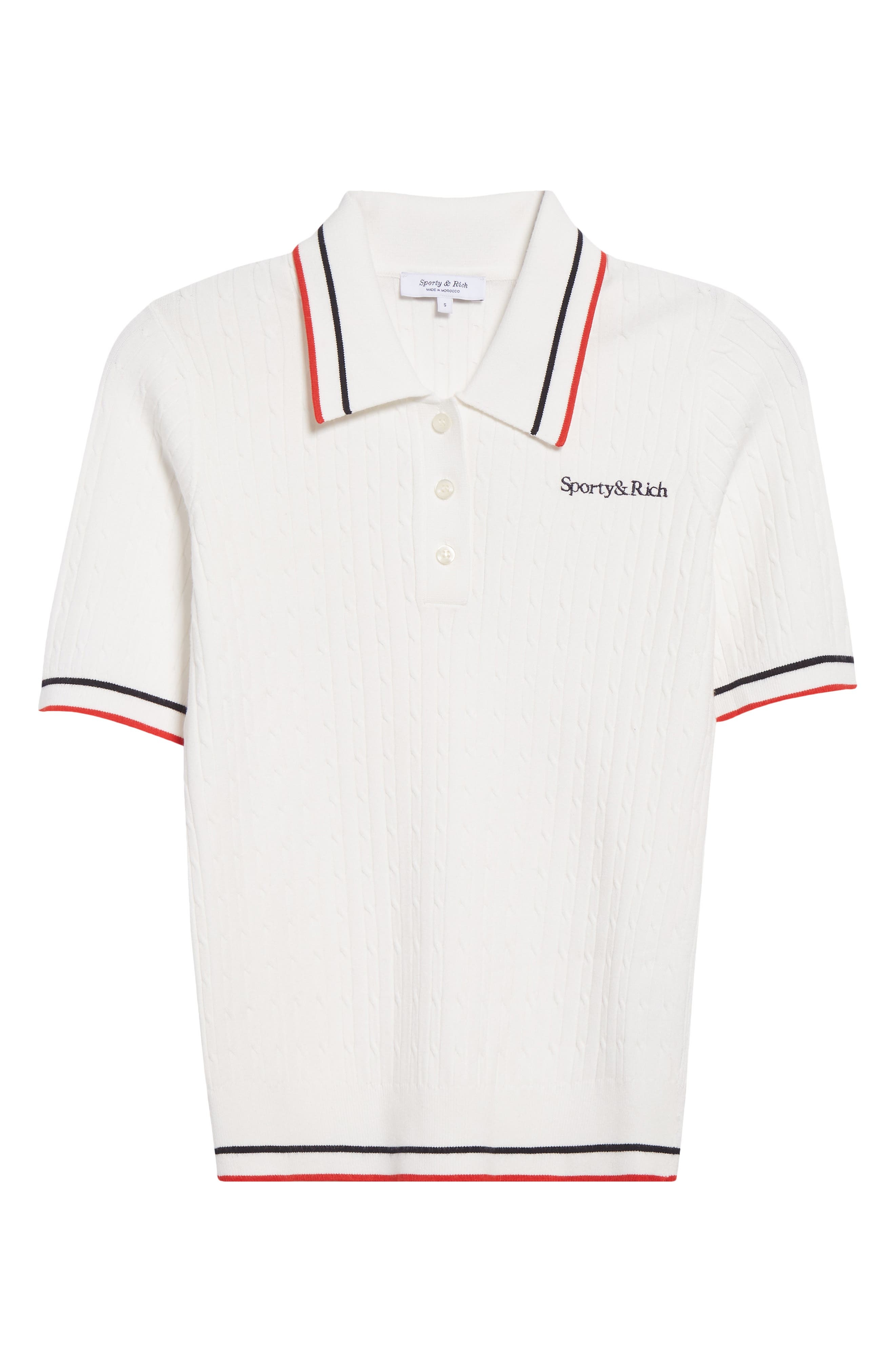 Sporty & Rich Serif Logo Mini Cable Knit Polo in White/Dark Navy/Ruby at Nordstrom - 6