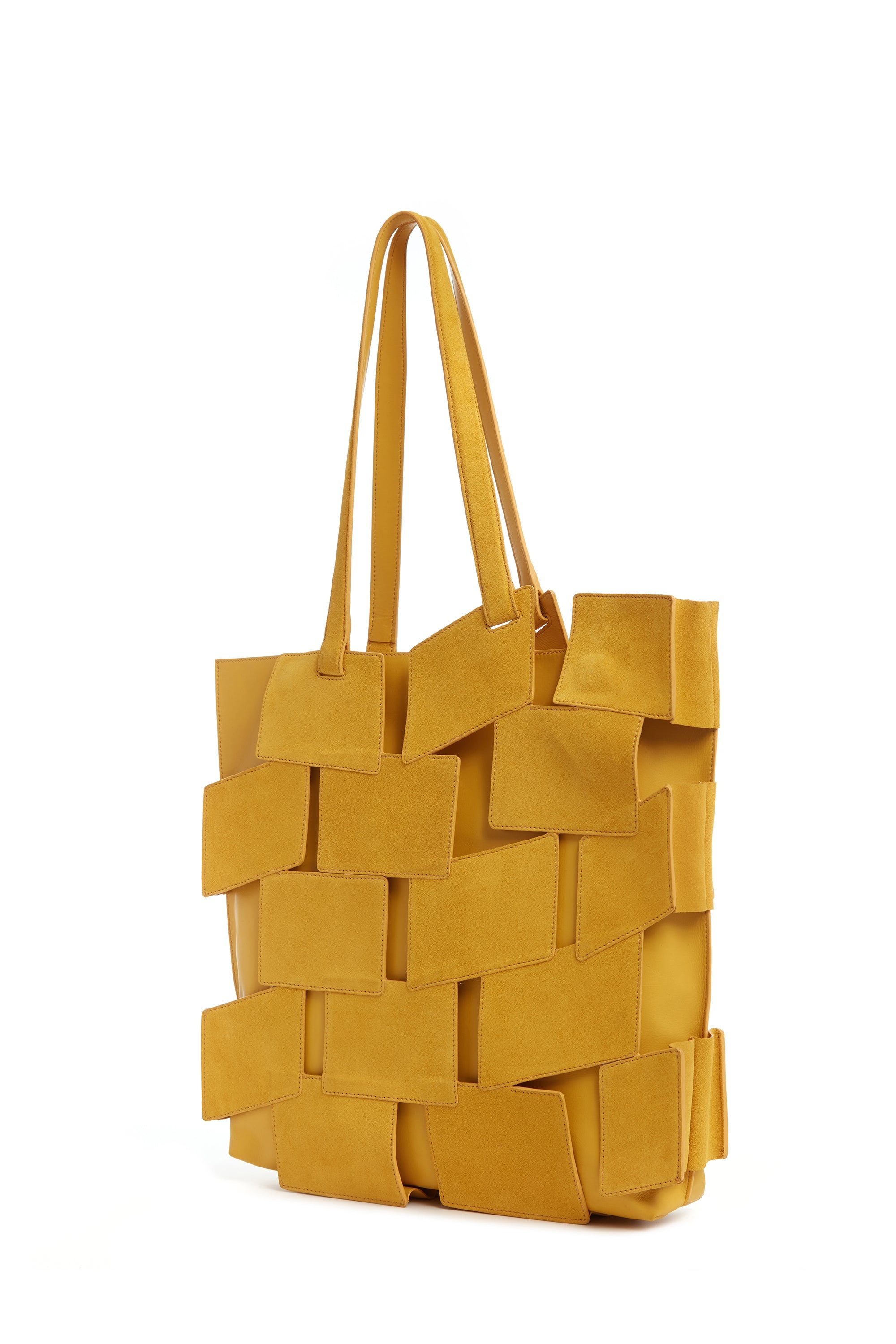 Laquered Tote Bag in Golden Birch Patchwork Suede - 2
