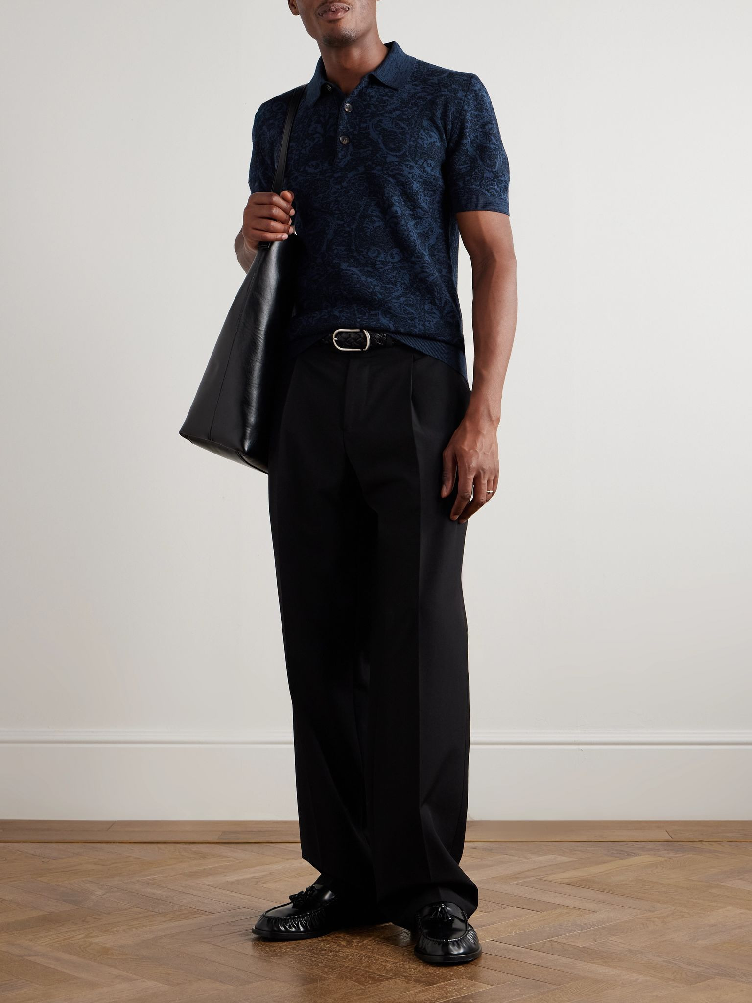 Slim-Fit Paisley-Jacquard Cotton-Blend Polo Shirt Navy - 2