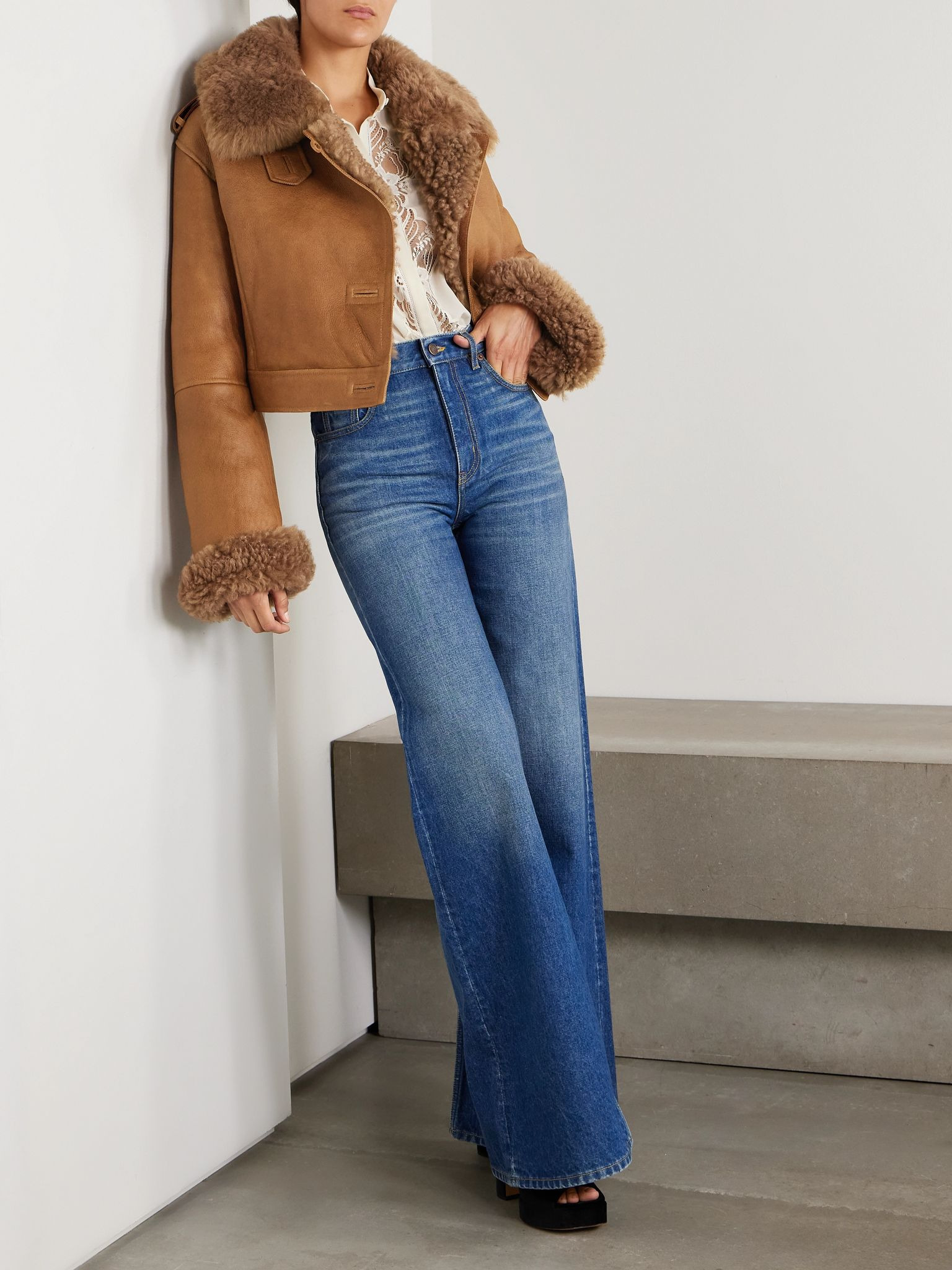 Double-breasted shearling jacket Light brown - 2