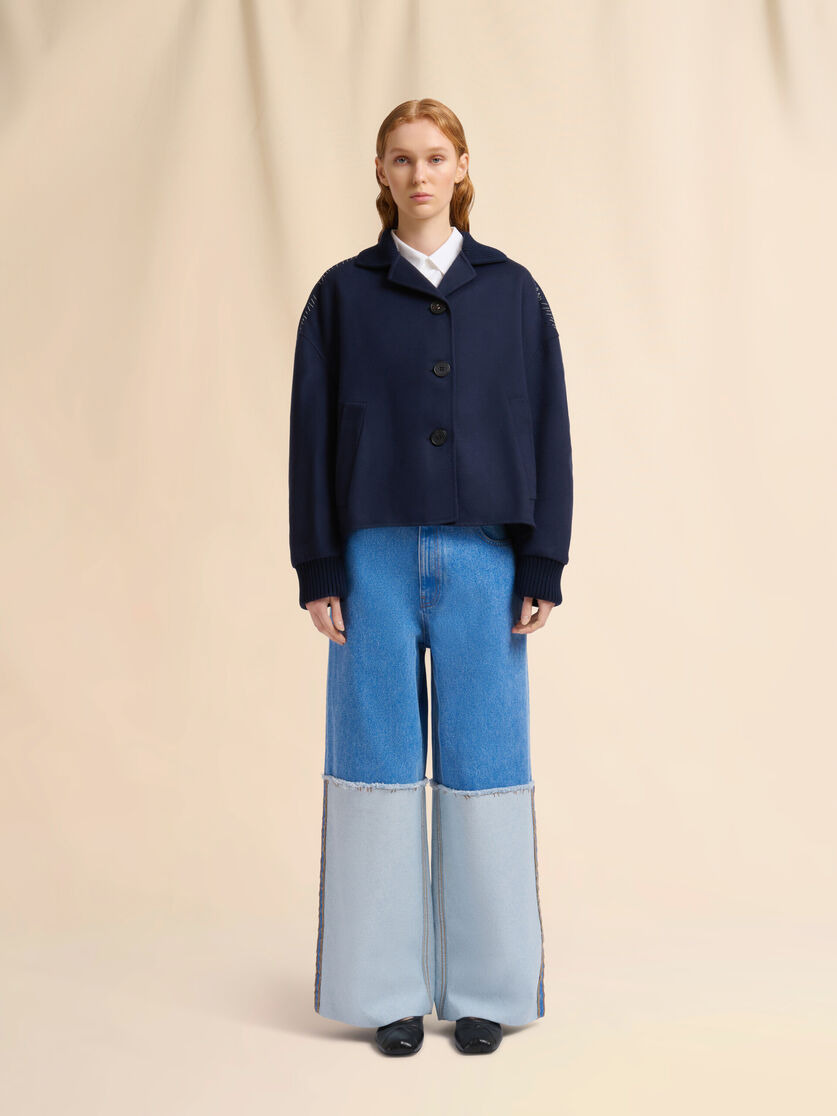 DEEP BLUE WOOL AND CASHMERE JACKET WITH KNIT TRIMS - 2