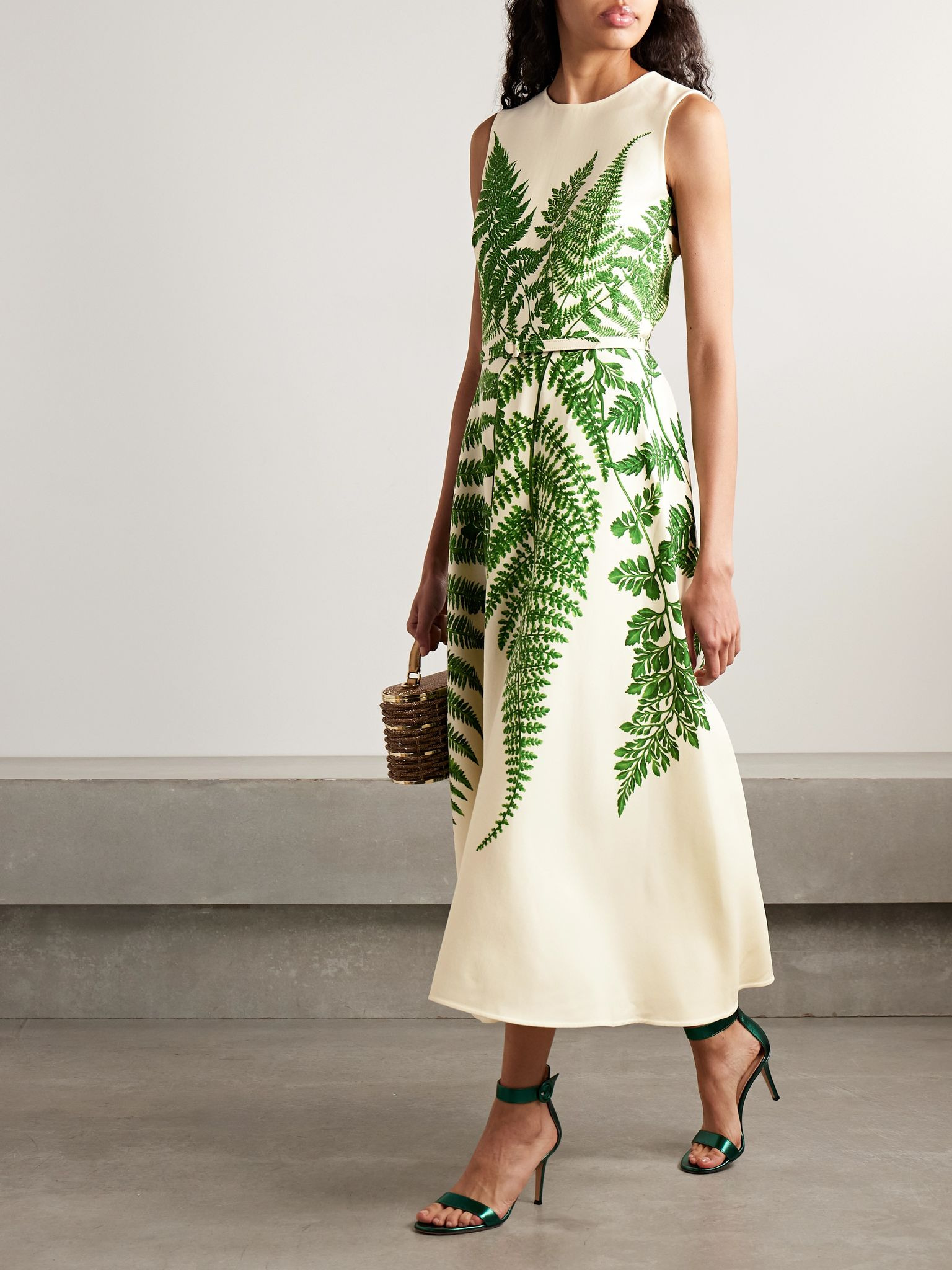 Belted printed wool-blend crepe midi dress Green - 2