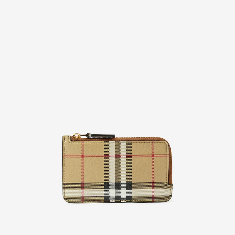 Check and Leather Zip Card Case - 1