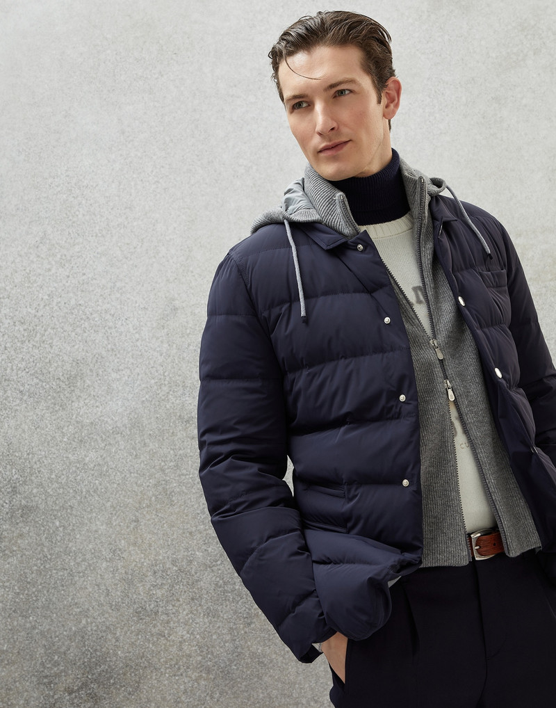 Bonded nylon blazer-style down jacket with knitted bib and detachable hood 4