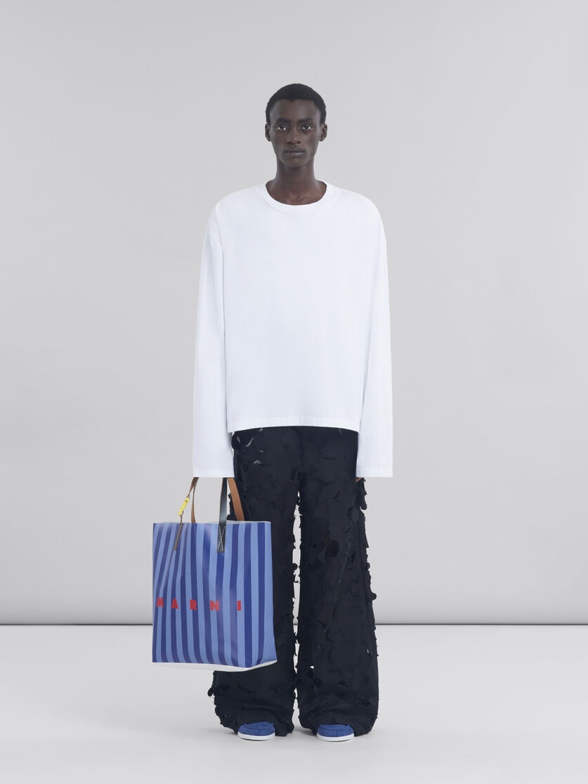 Marni BLUE STRIPED TRIBECA SHOPPING BAG WITH MARNI LOGO