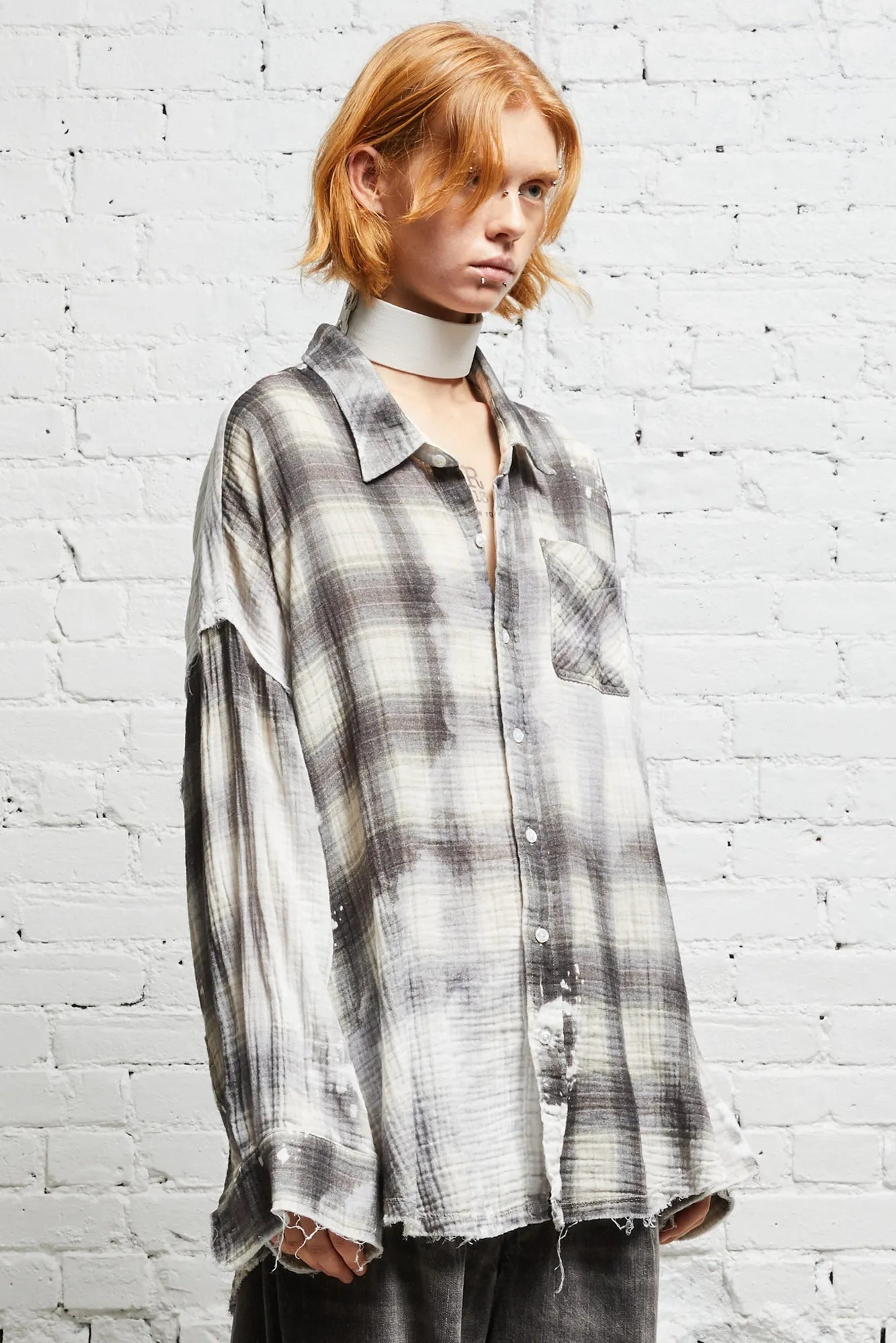 SHREDDED SEAM DROP NECK SHIRT - BLEACHED GREY PLAID - 3