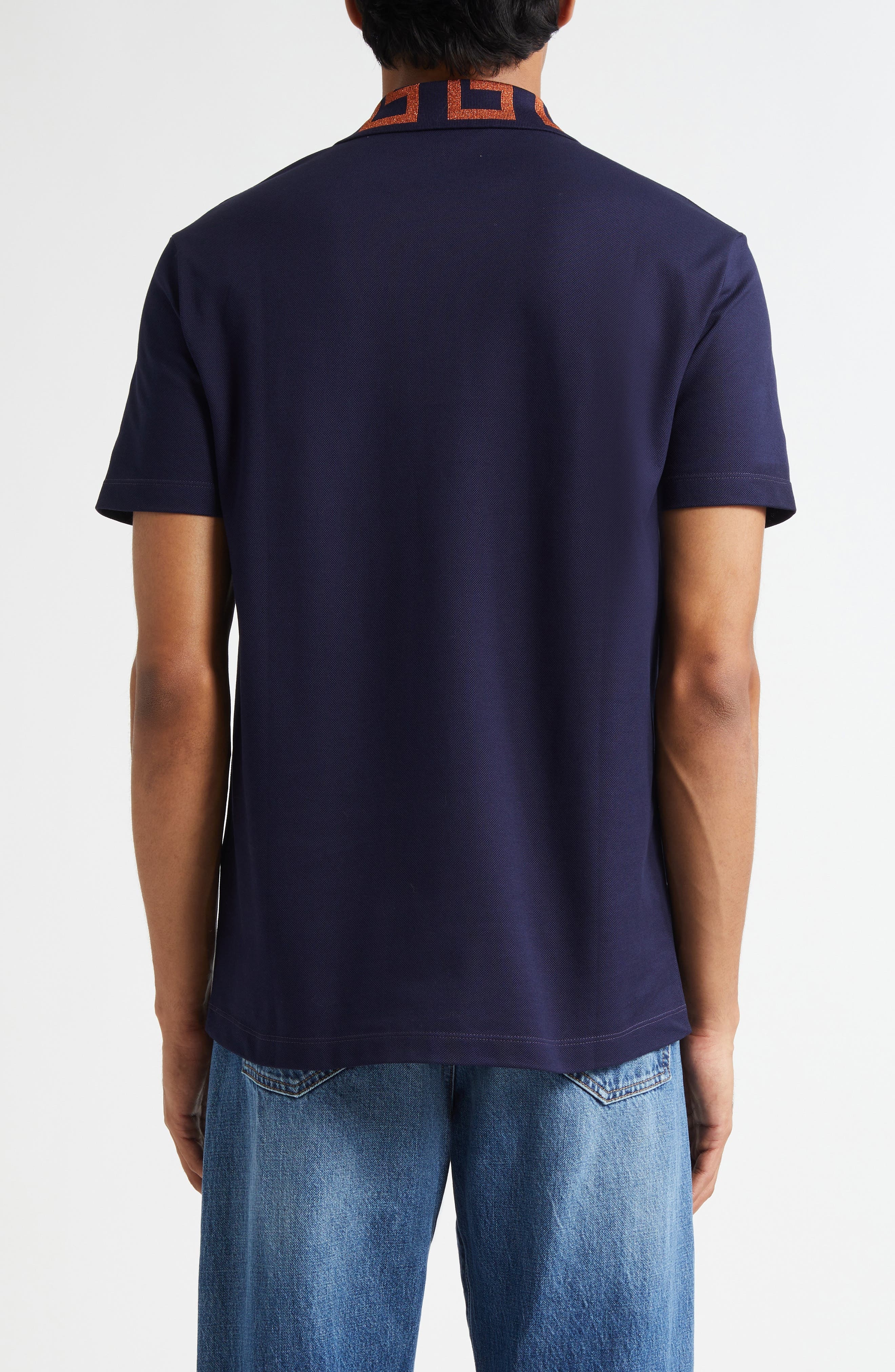 Versace Metallic Greca Collar Piqué Polo in Navy Blue at Nordstrom - 2