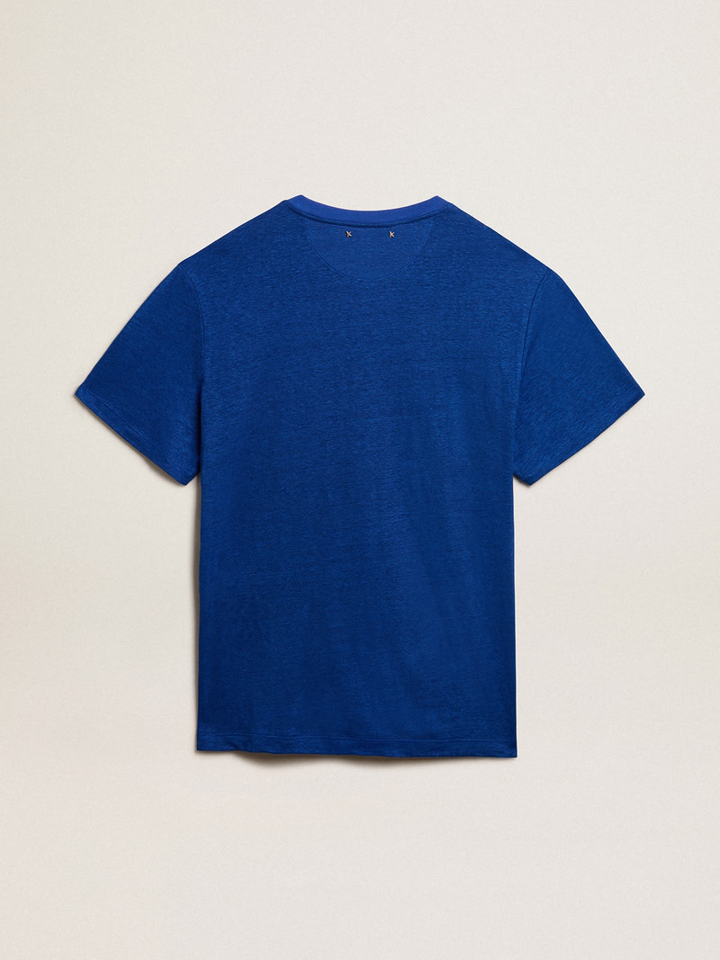 Men’s blue-colored linen T-shirt with print on the chest 6