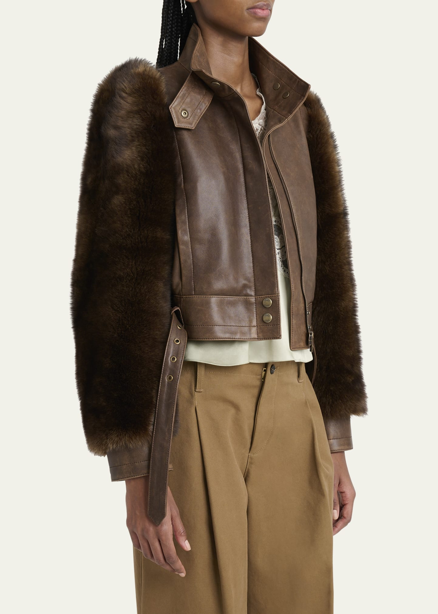 Faux Fur Sleeves Leather Bomber Jacket - 4