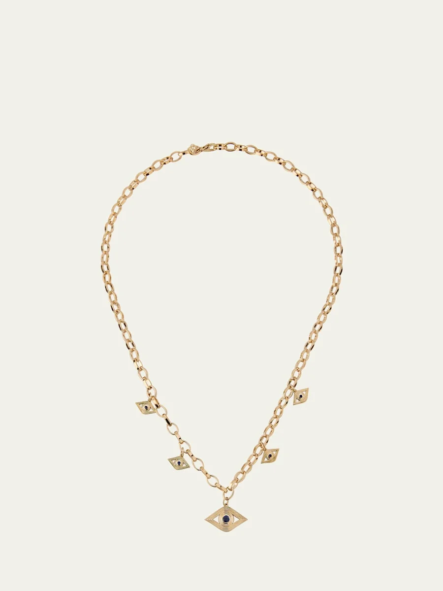 14K Sapphire Fluted Evil Eye Charm Necklace - 1