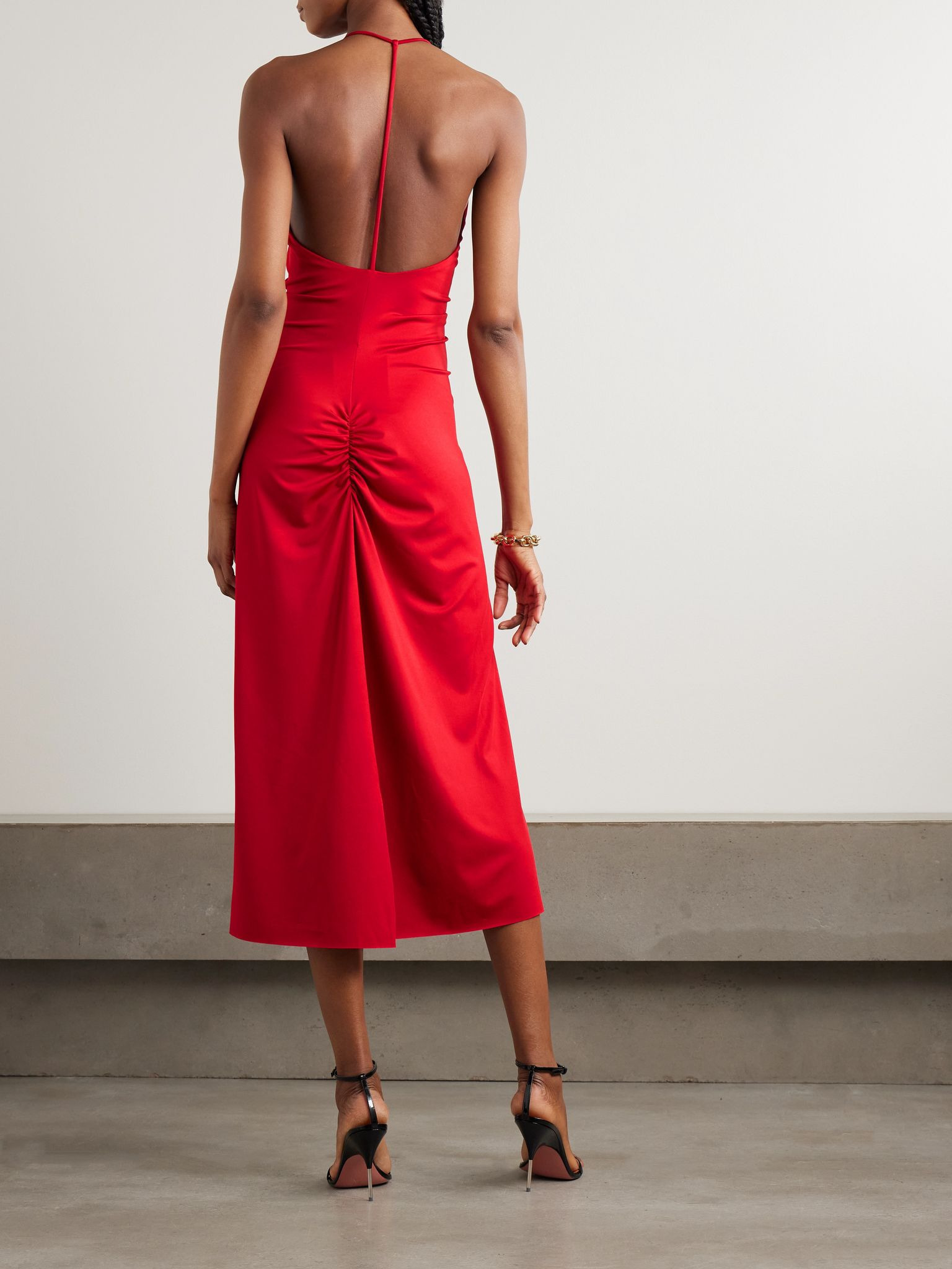 Cutout ruched satin-jersey midi dress Red - 3