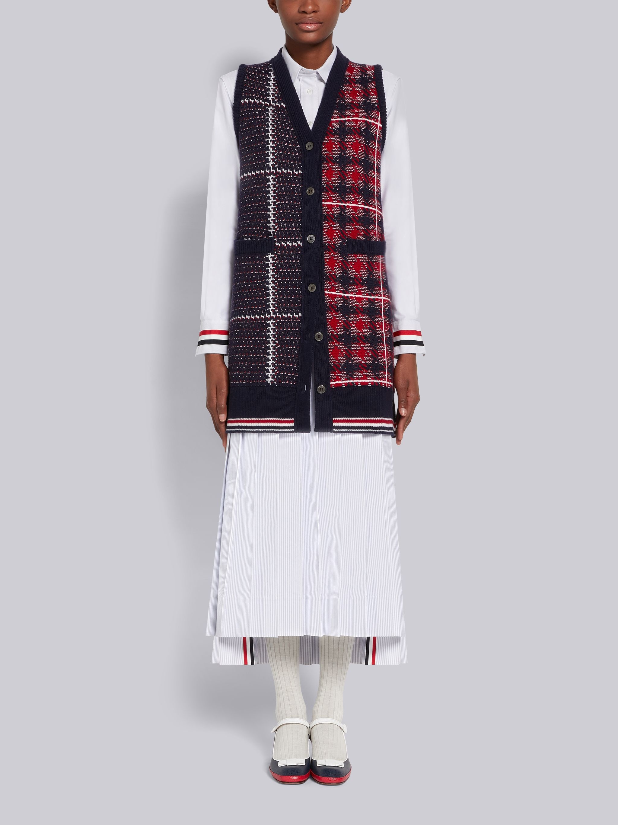 Medium Grey University Stripe Cotton Oxford Grosgrain Stripe Cuff Below-the-Knee Pleated Shirtdress - 4