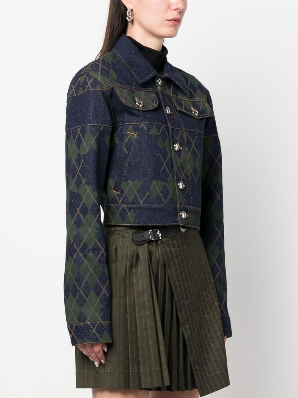 argyle-pattern cotton denim jacket - 3