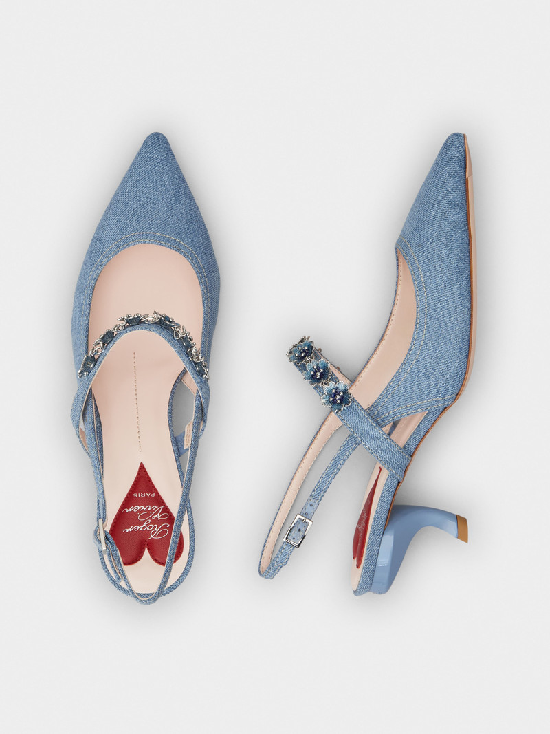 Virgule Flower Slingback Pumps in Denim 4