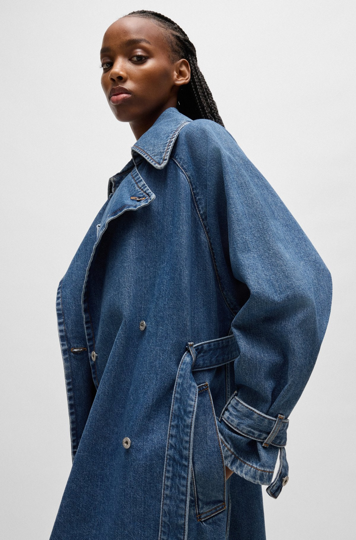 DOUBLE-BREASTED TRENCH COAT IN DARK-BLUE DENIM - 6