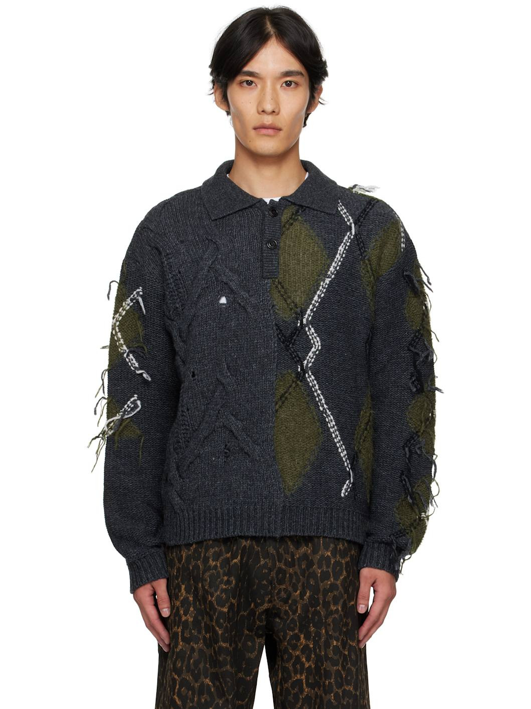 Gray & Green Argyle Fisherman Polo Sweater - 1