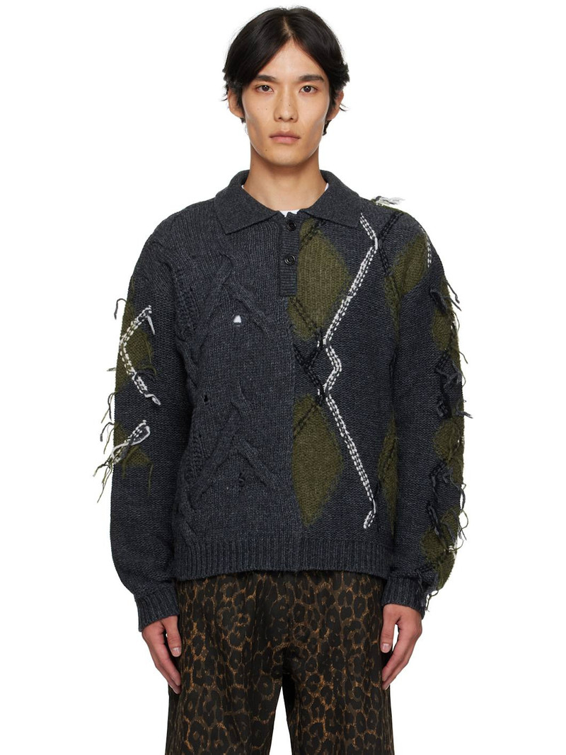 Gray & Green Argyle Fisherman Polo Sweater 1