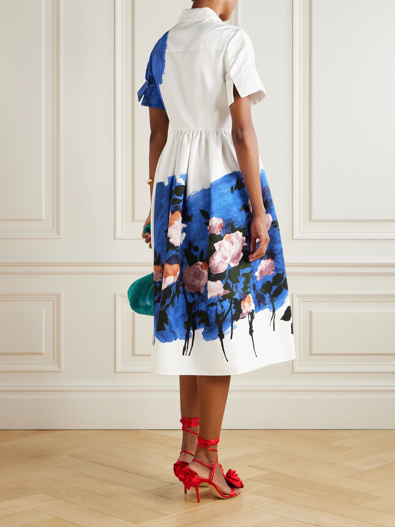 Gathered floral-print cotton-blend faille midi dress Blue - 3