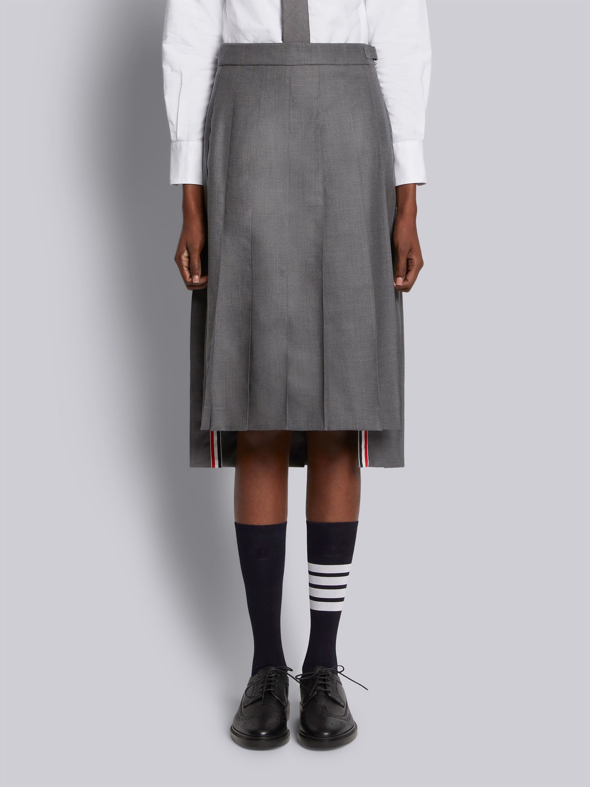 Medium Grey Super 120's Twill Dropped Back Below-the-knee Pleated Skirt - 1