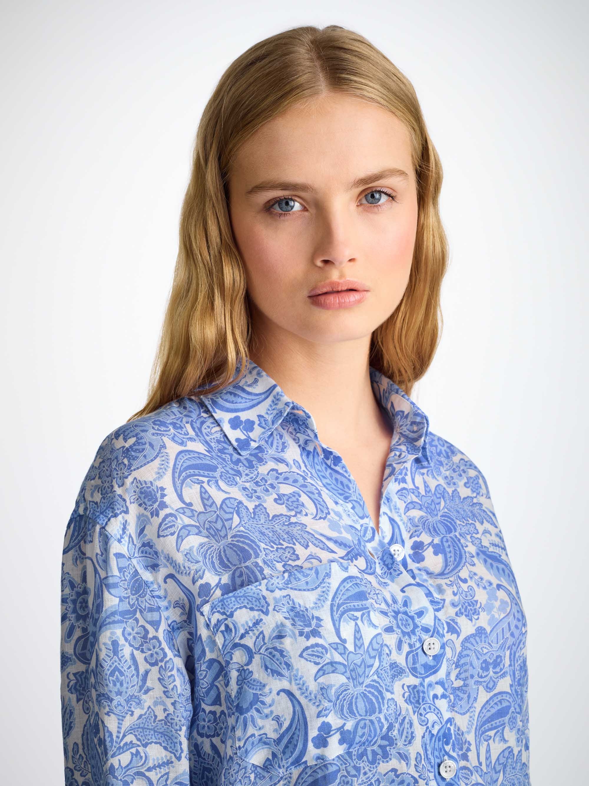 Women's Shirt Linen White Jungle Paisley Print - 5