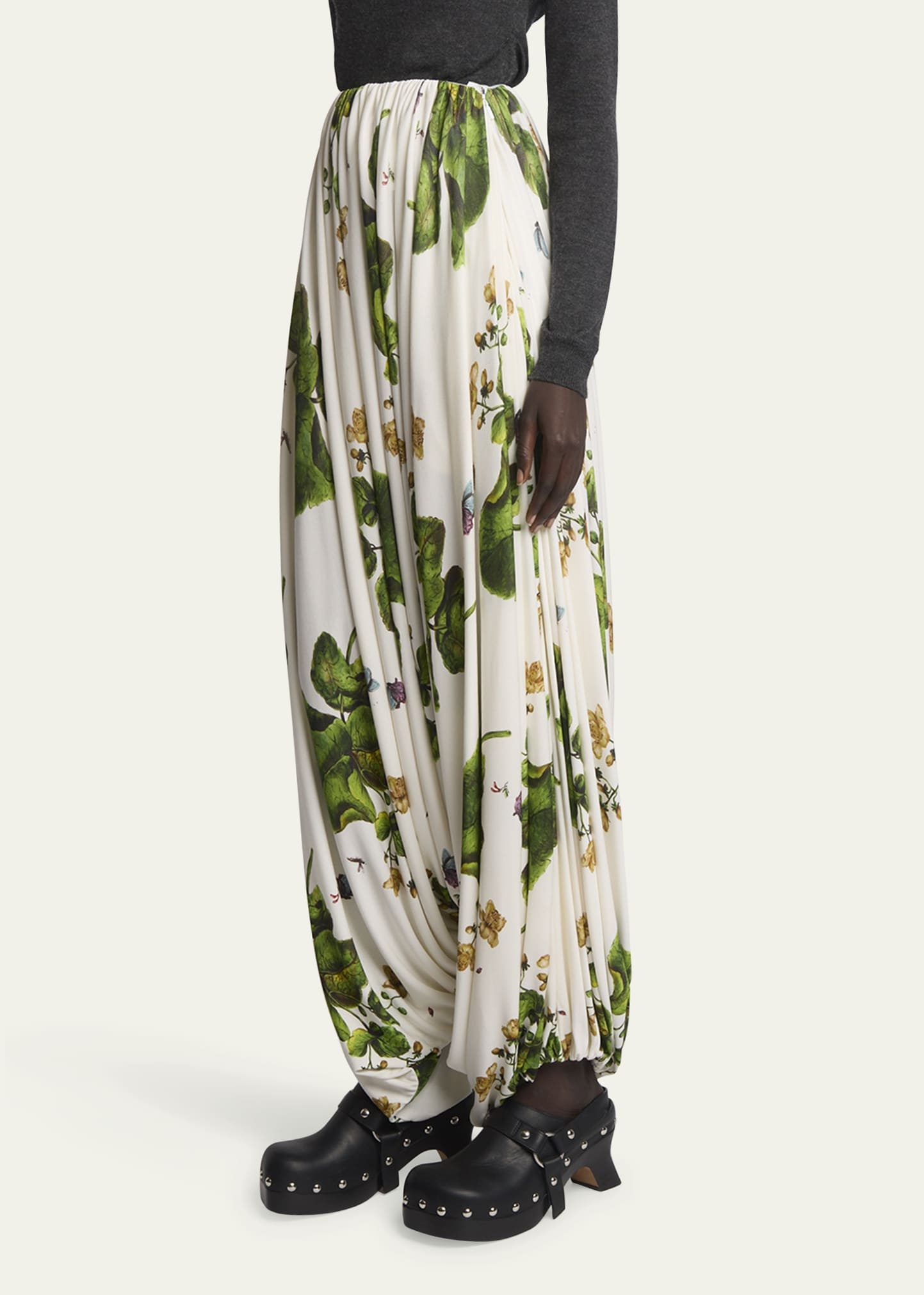 Leaf-Print Draped Wide-Leg Trousers - 4