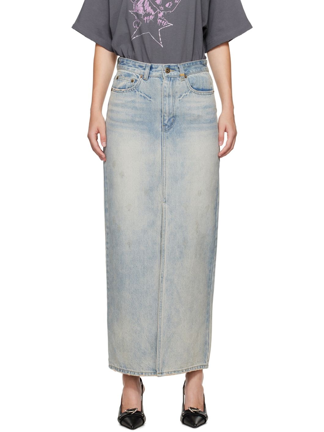 Blue Washed Denim Maxi Skirt - 1