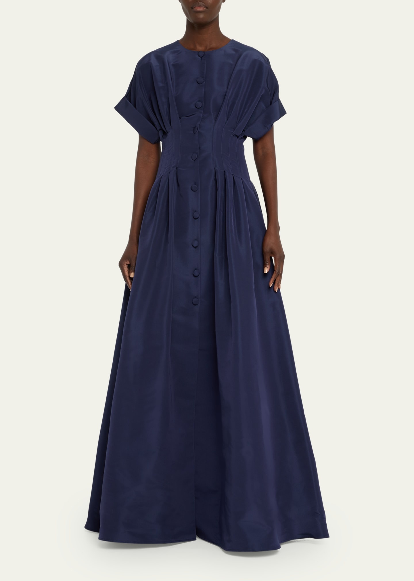 Corset-Waist Short-Sleeve Button-Front Gown - 2