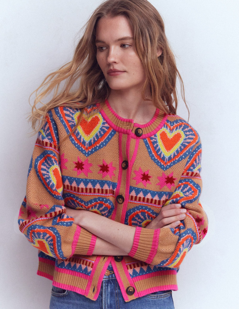 Abi Jacquard Cardigan-Camel Melange, Hearts 1