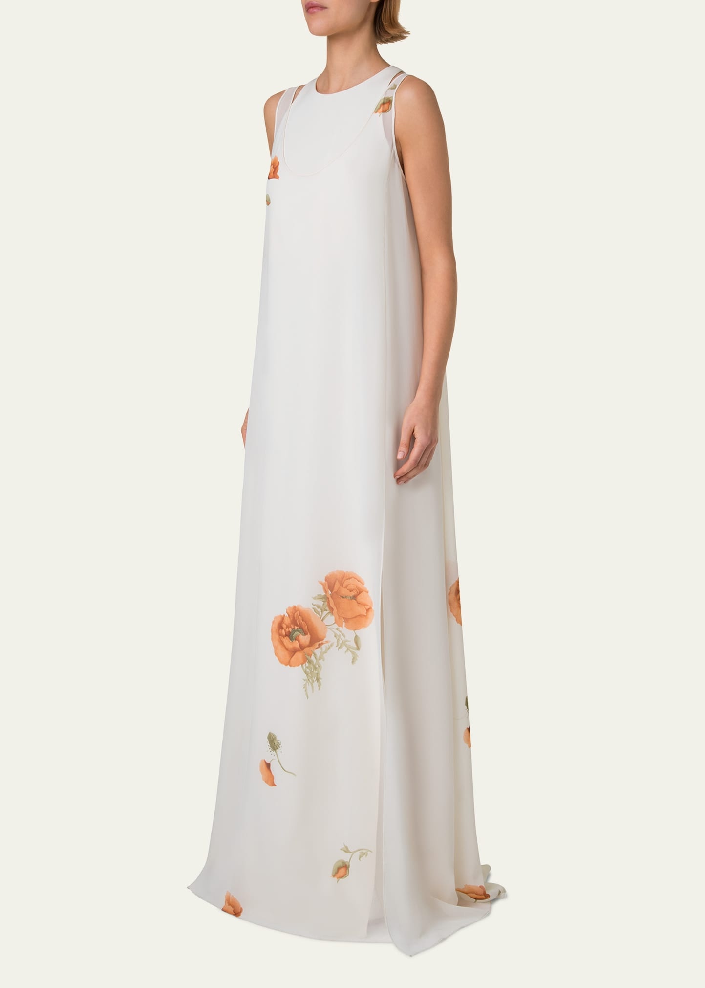 Italian Anemone Print Silk Crepe Georgette Overlayer Gown - 4