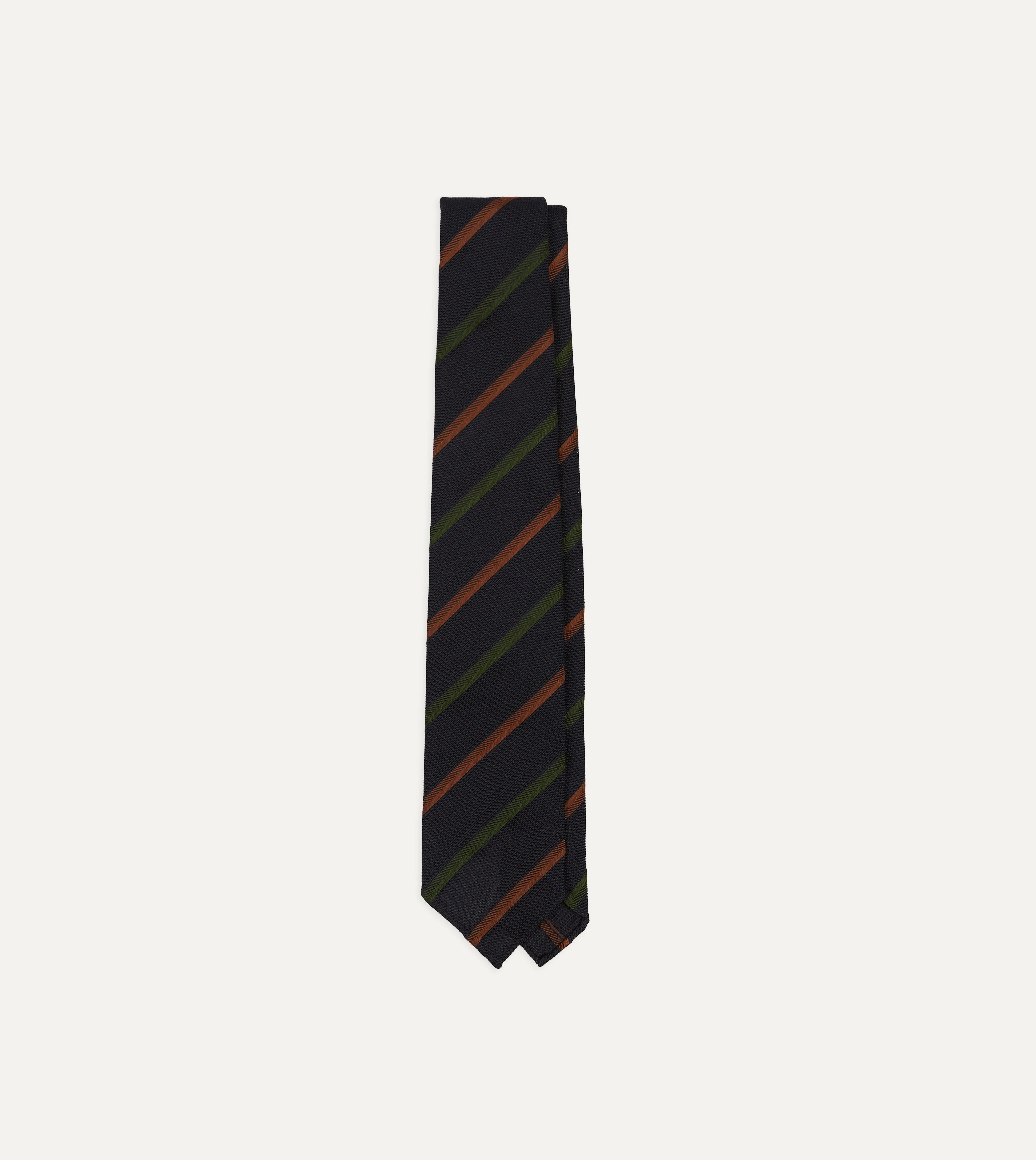 Navy, Green and Brown Multi Stripe Hand Rolled Silk Grenadine Tie - 1