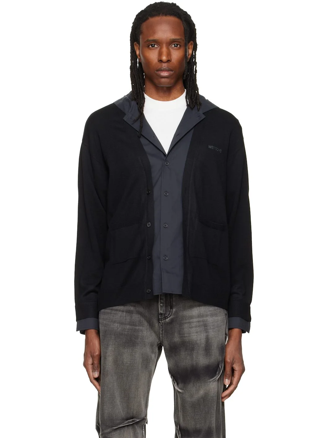 Black Hooded Shirt-Layered Cardigan - 1