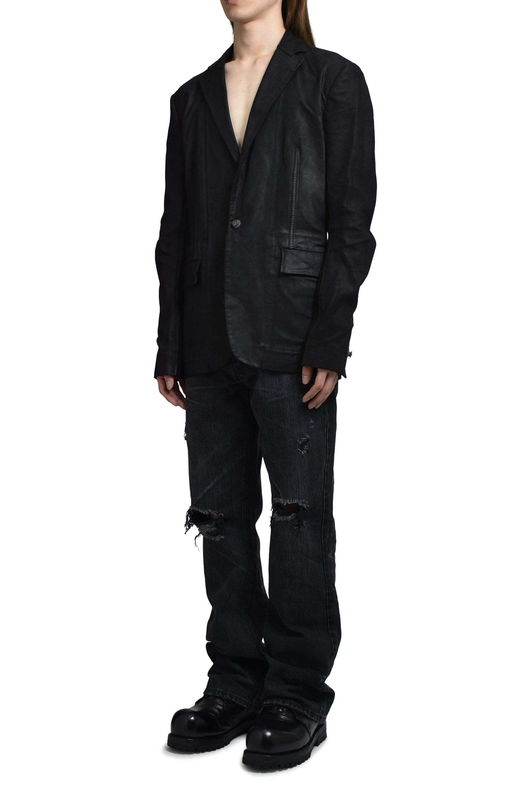 "PIONNIER"STRETCH LEATHER CLASSIC BLAZER / NOIR - 4