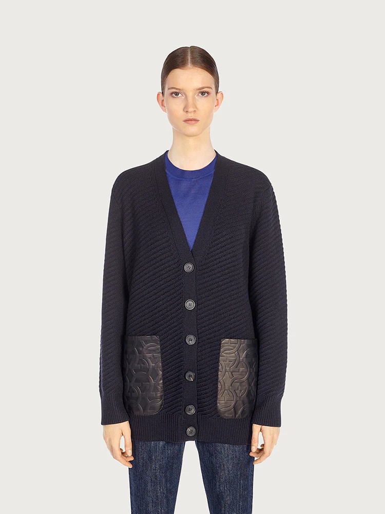 CARDIGAN WITH LEATHER POCKETS - 2