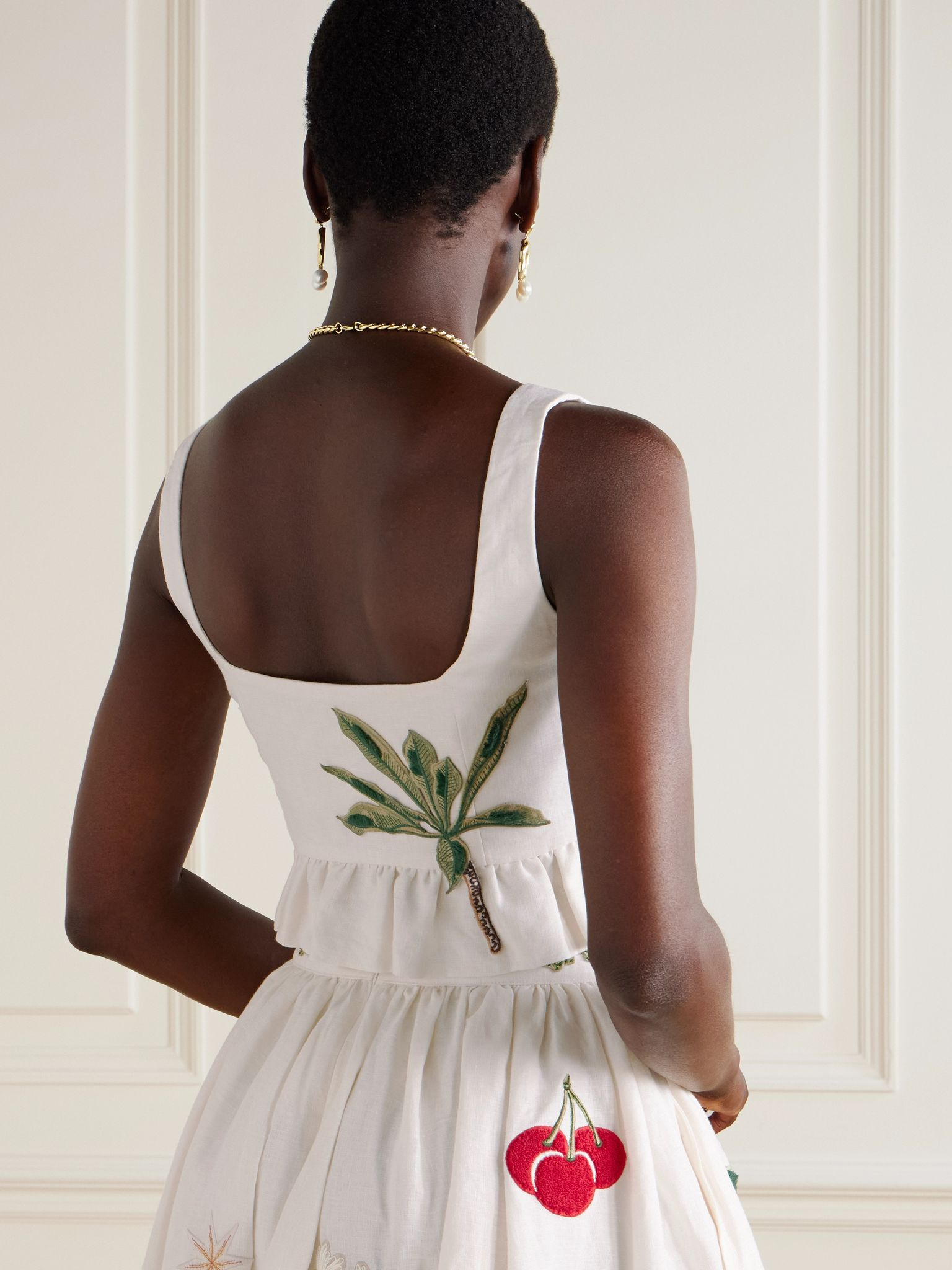 Eslabon appliquéd embroidered ruffled linen bustier top Cream - 3