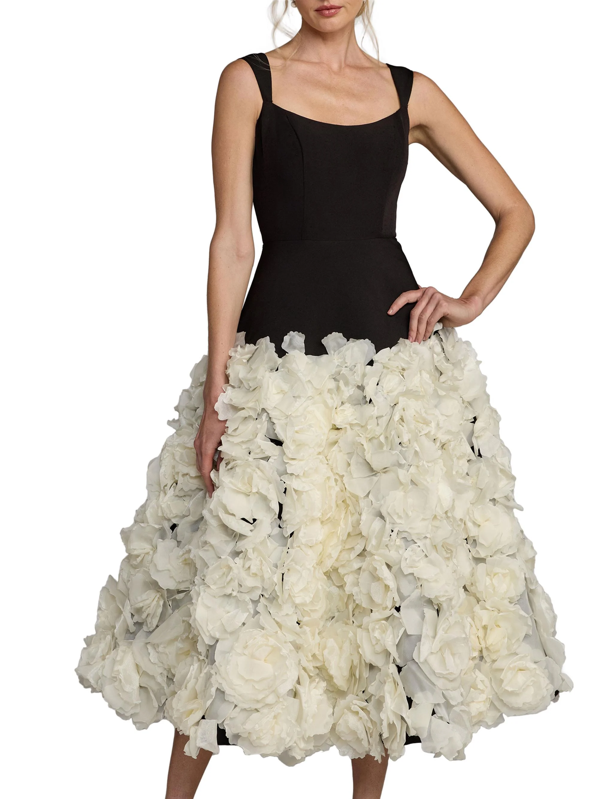 Women's 3D Floral Drop-Waist Midi-Dress - Black Cream - 1
