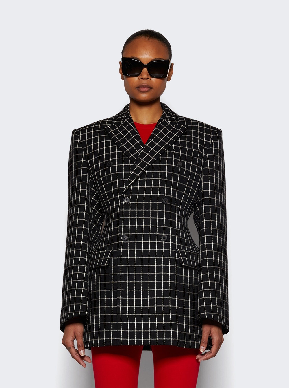 Double Breasted Contour Blazer Black Plaid - 3