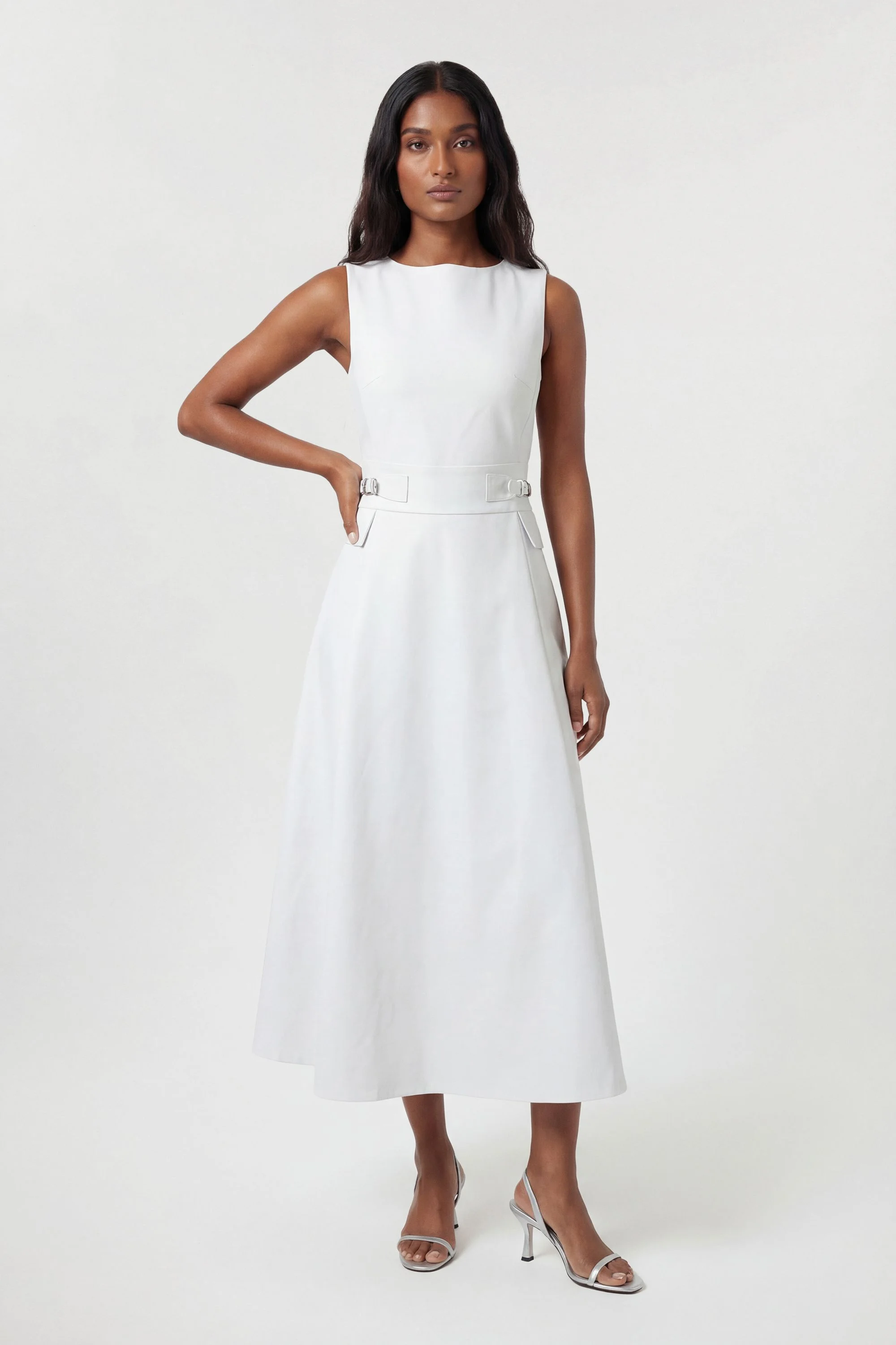Petite Premium Cotton Tailored Fabric Belted Buckle Midi Dress - 1